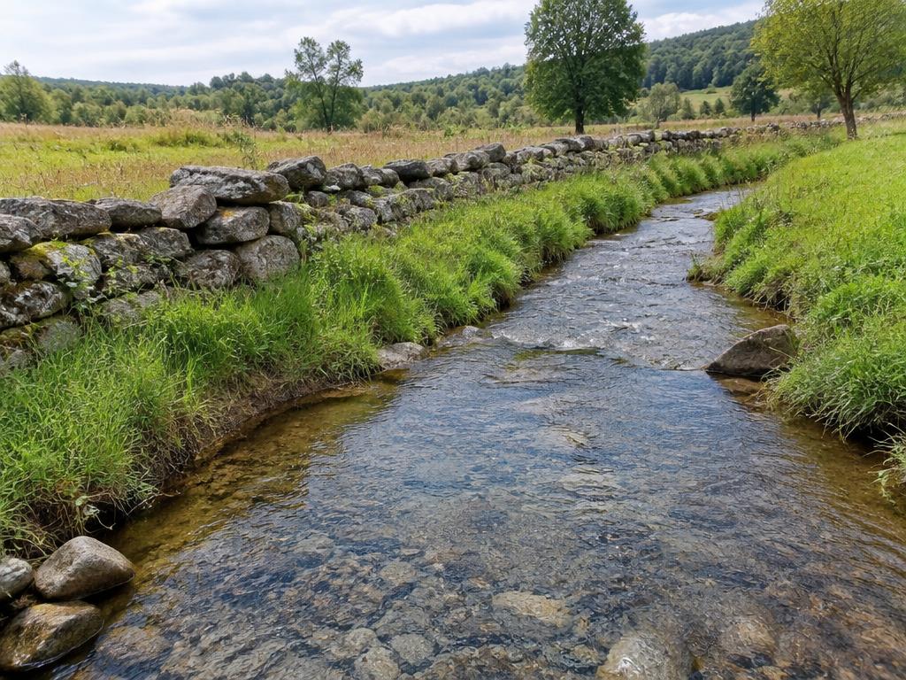 Clear creek flowing through a grassy meadow beside a stone wall