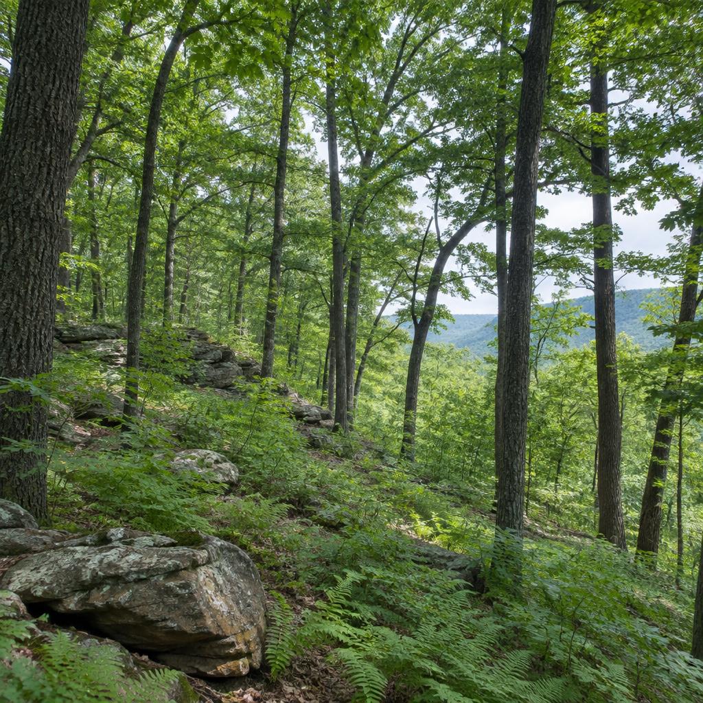 Rocky hardwood ridge with oak trees and ferns, looking out to the ridgeline